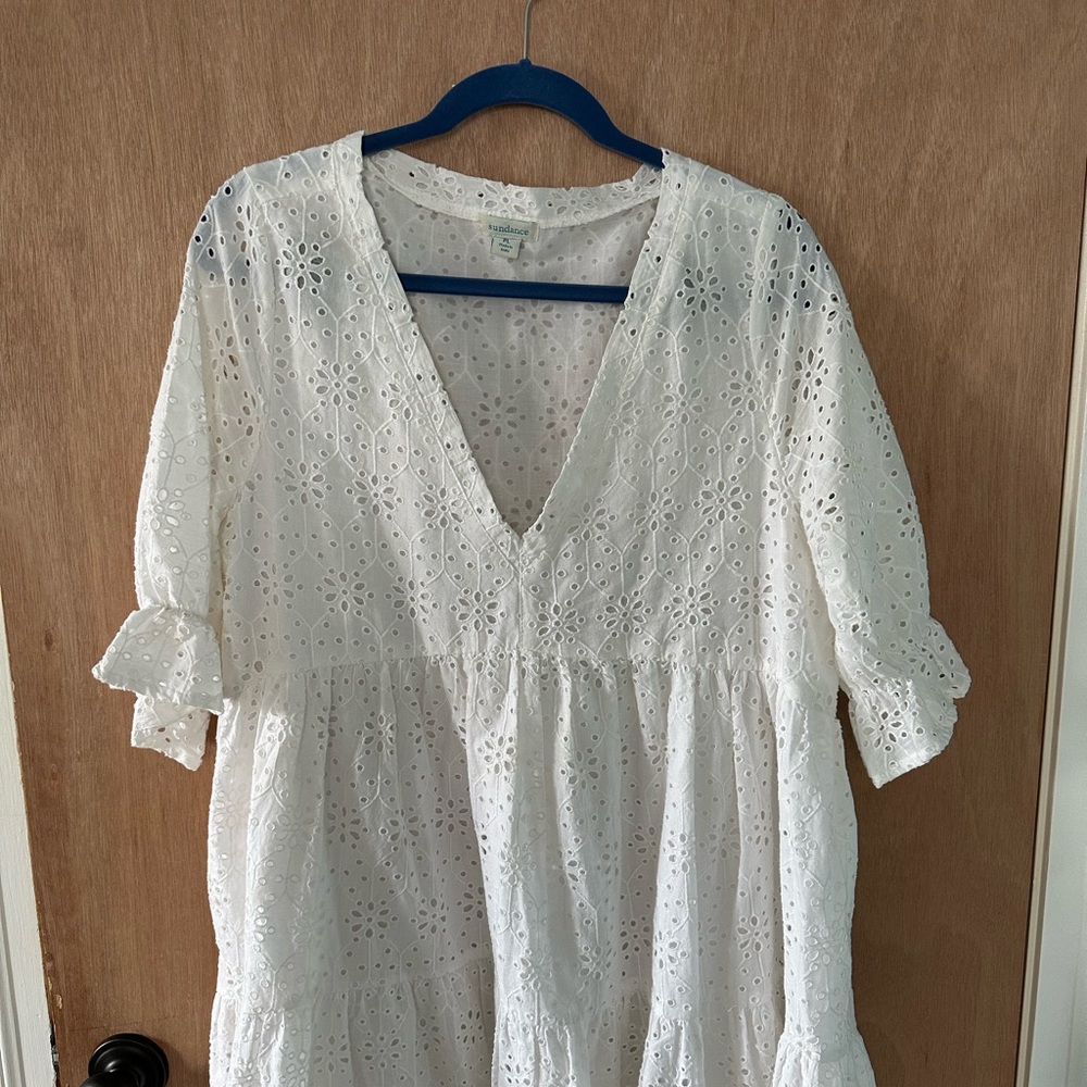 Sundance White Eyelet Embroidered Cotton Hi-Low Tiered Dress Boho Petite LG PL - Picture 2 of 6